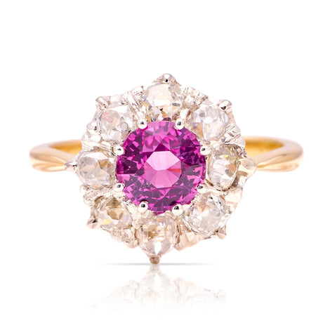 Antique, Edwardian pink sapphire and diamond cluster ring