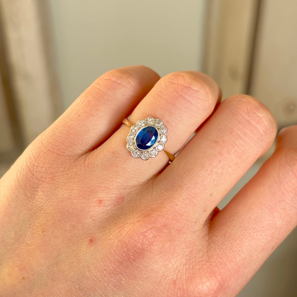 Antique, Edwardian sapphire and diamond cluster ring, 18ct yellow gold and platinum