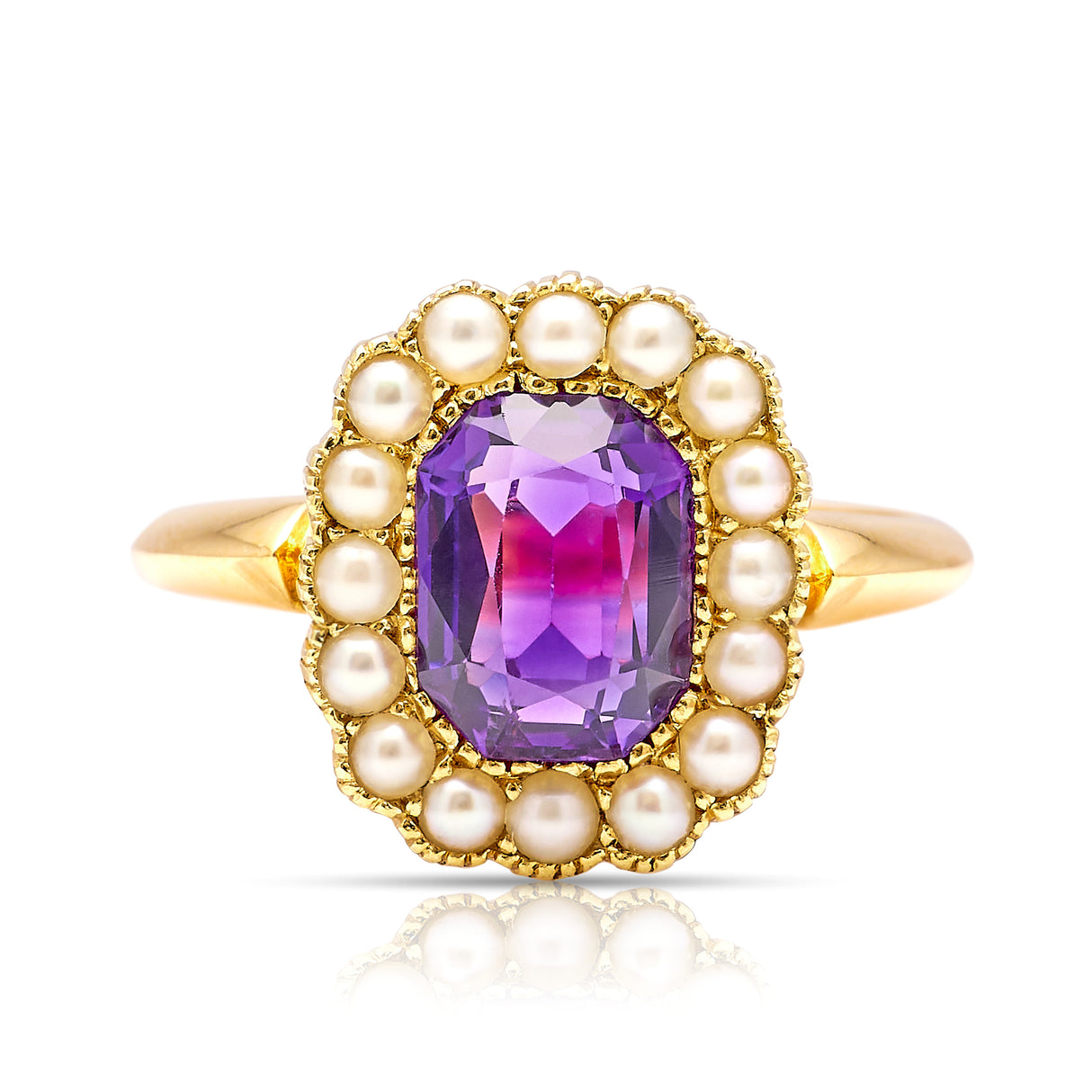 Antique, Edwardian amethyst and pearl cluster ring front