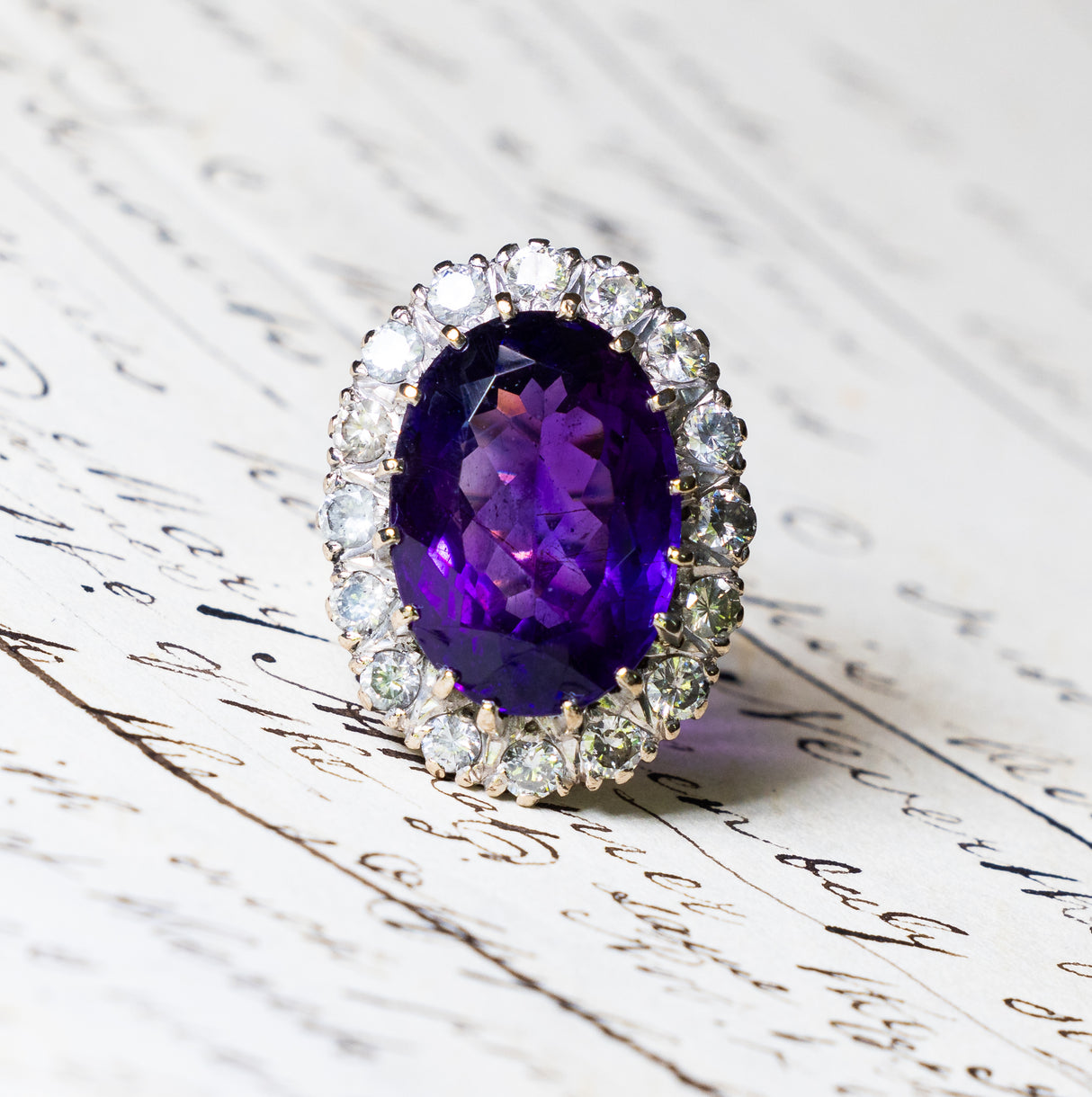 Antique, vintage amethyst & diamond cluster ring front