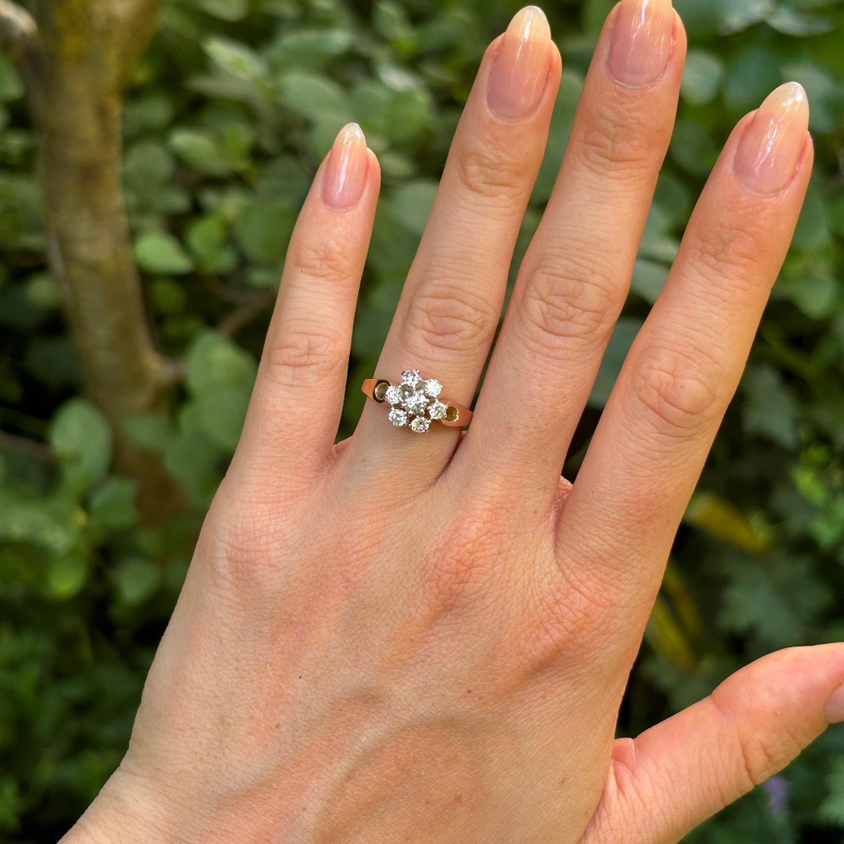 Vintage, 1970s diamond cluster engagement ring, 14ct rose gold