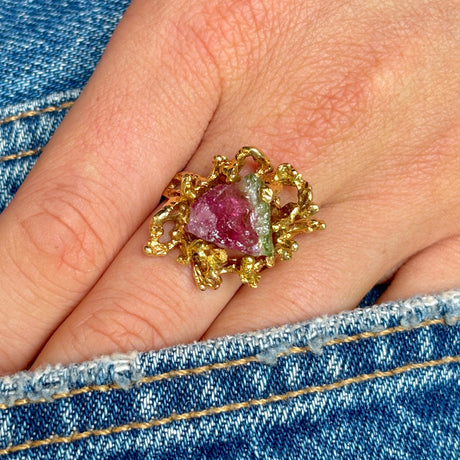 Vintage, 1970s watermelon tourmaline cocktail ring worn on hand.