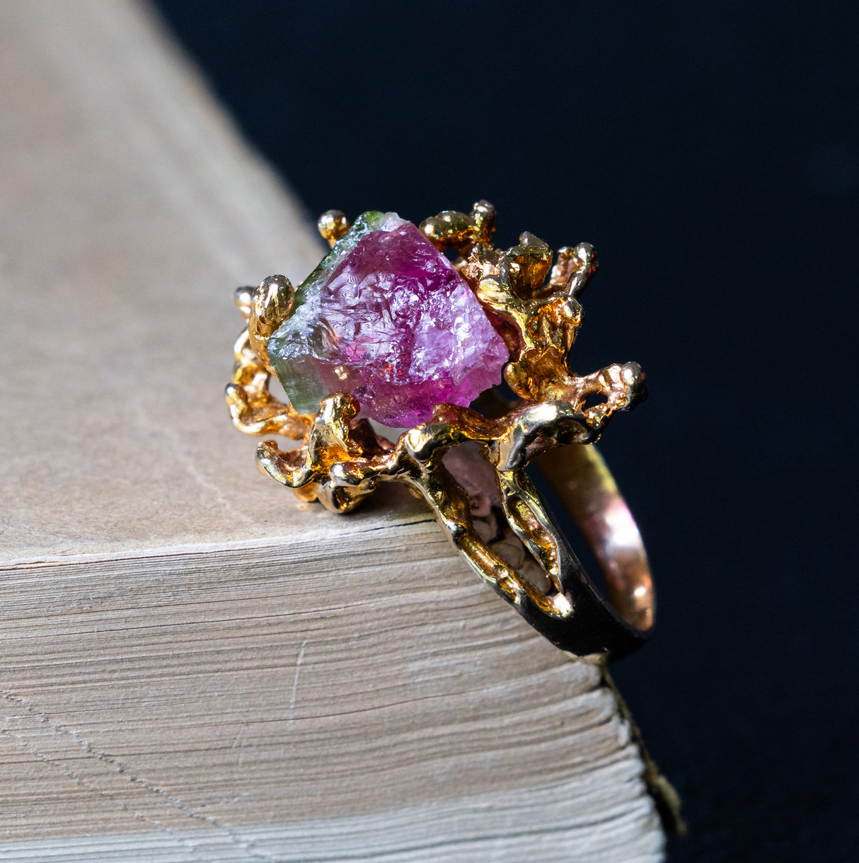 Vintage, 1970s watermelon tourmaline cocktail ring side