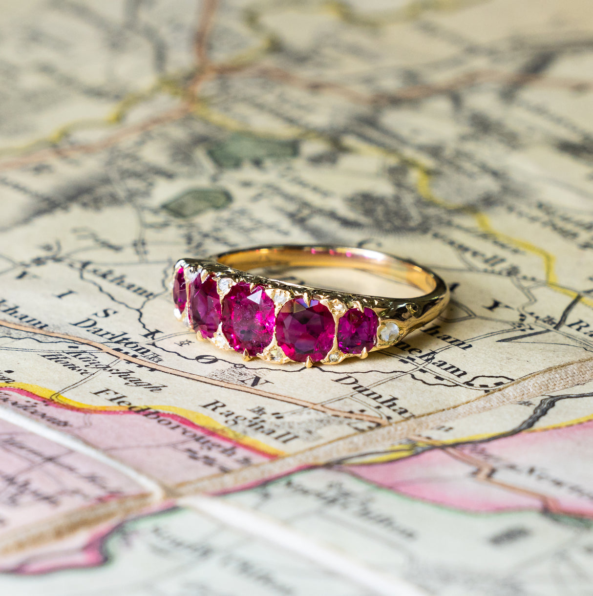 Antique, Victorian Burmese ruby five stone ring side