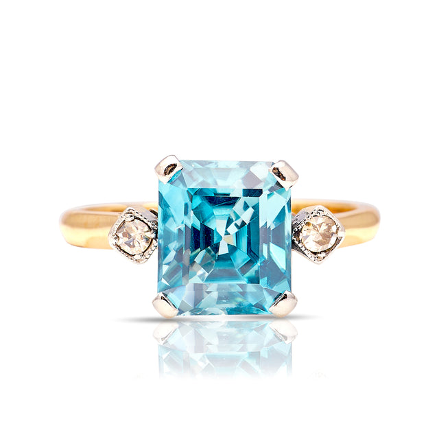 Vintage, Art Deco blue zircon and diamond ring front
