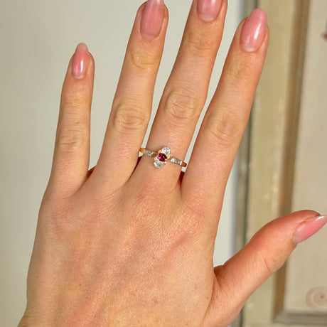 Antique, Edwardian three-stone ruby and diamond ring