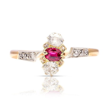 Antique, Edwardian three-stone ruby and diamond ring