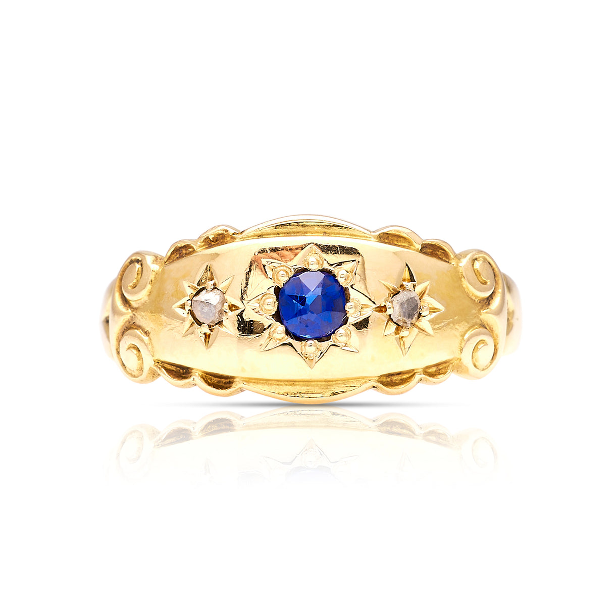 Antique, Edwardian sapphire and diamond three-stone gypsy ring front