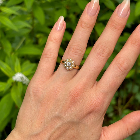 Antique, Edwardian diamond and pearl cluster ring, 18ct yellow gold