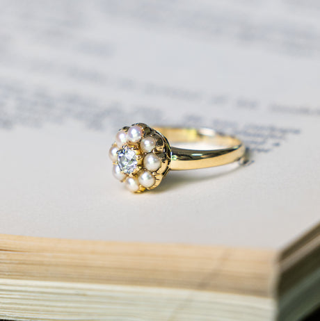 Antique, Edwardian diamond and pearl cluster ring side