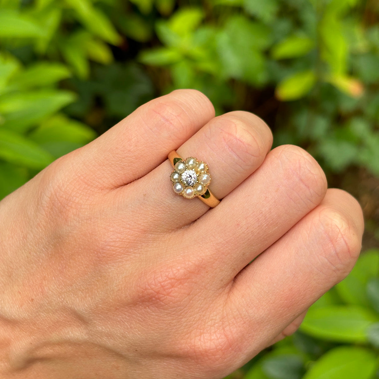 Antique, Edwardian diamond and pearl cluster ring, 18ct yellow gold