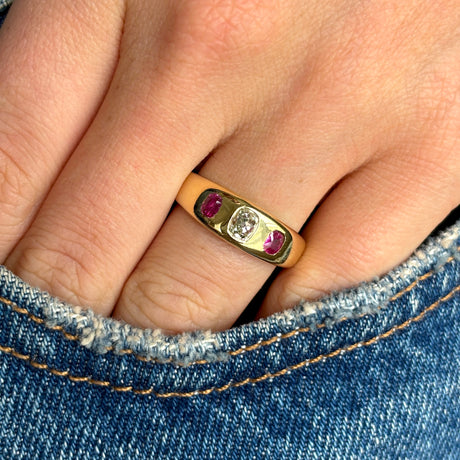 Antique, Victorian three-stone diamond and ruby gypsy ring