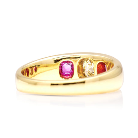 1780-Antique, Victorian three-stone diamond and ruby gypsy ring  back