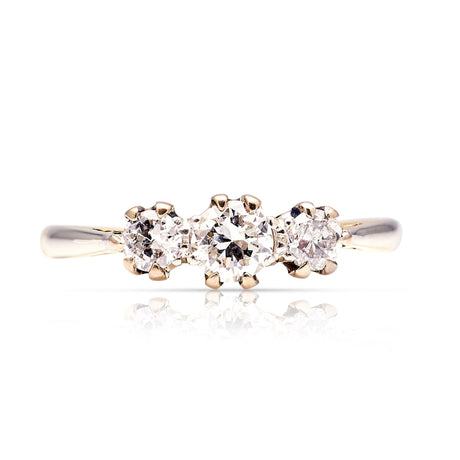 Antique, Edwardian three-stone diamond ring front