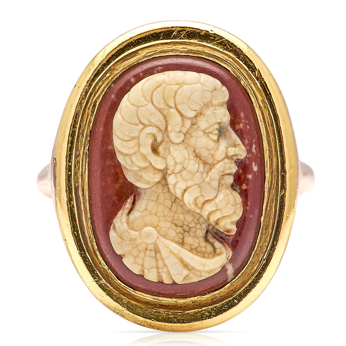 Antique, 18ct century Poseidon agate cameo ring, shank 12ct rose gold front