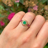 Antique, Victorian emerald & diamond cluster with ruby shoulders, 18ct yellow gold