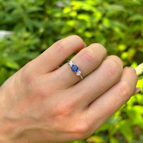 Antique, 1900s sapphire & diamond three-stone ring, 9ct white gold