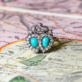 Antique, Victorian turquoise and diamond double heart ring front