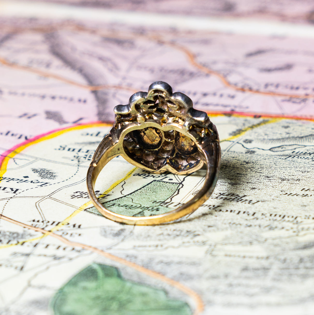 Antique, Victorian turquoise and diamond double heart ring back