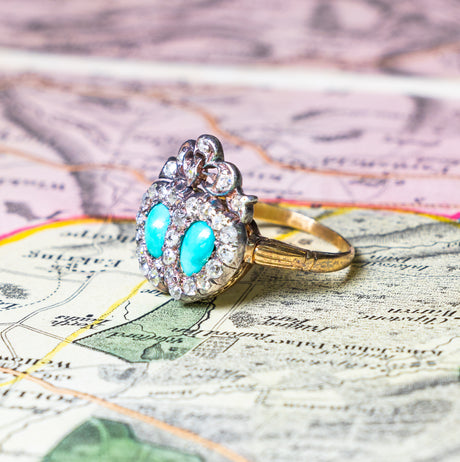 Antique, Victorian turquoise and diamond double heart ring side