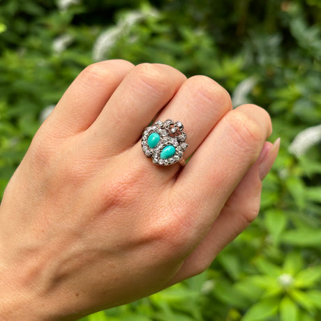 Antique, Victorian turquoise double heart ring, 15ct yellow gold & silver