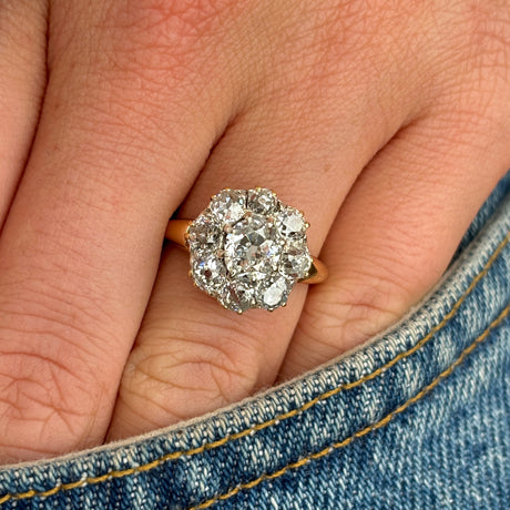 Antique, Victorian diamond cluster ring worn on hand.