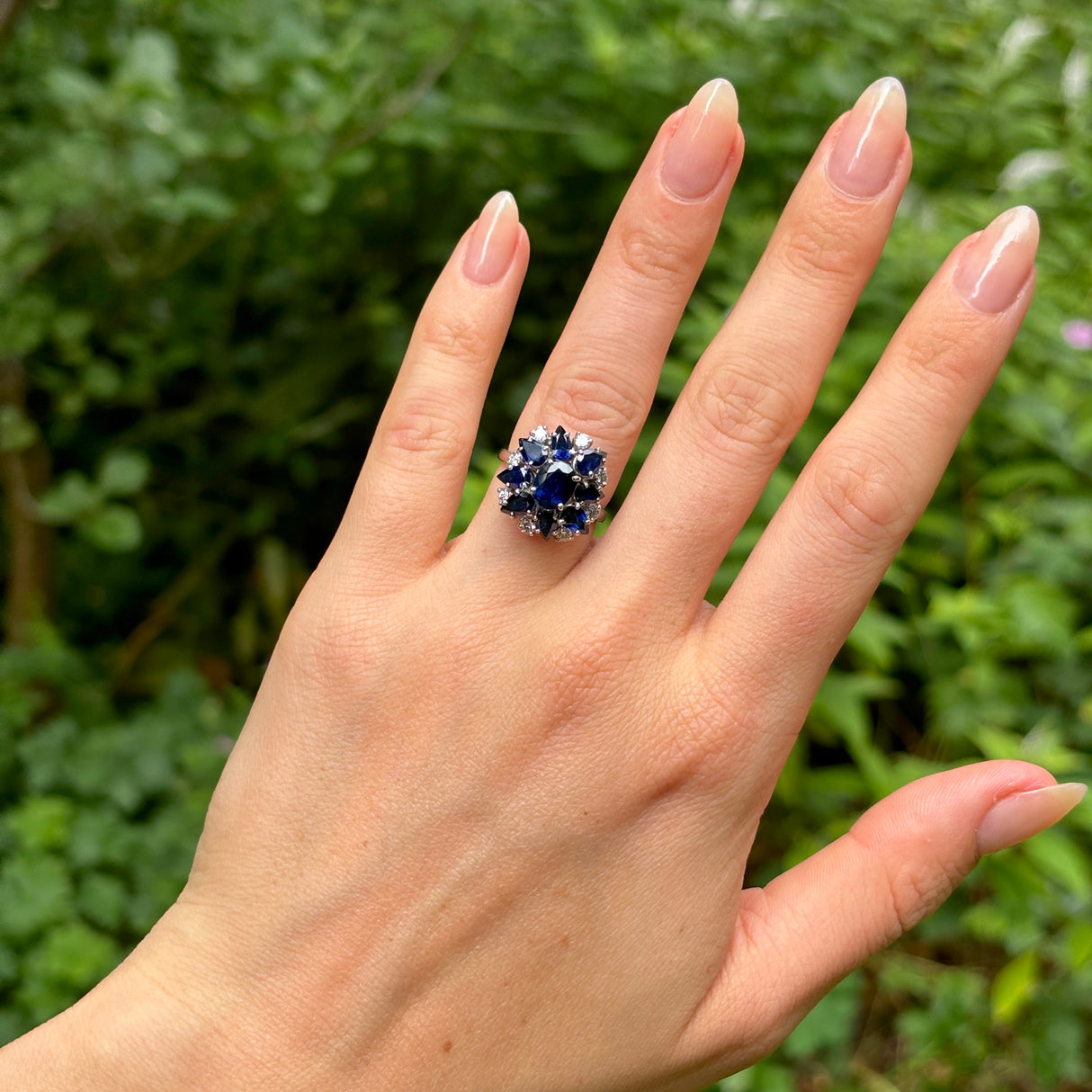 Vintage, 1970s sapphire & diamond cocktail ring, 18ct white gold & platinum