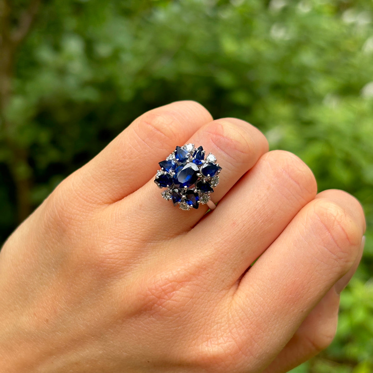 Vintage, 1970s sapphire & diamond cocktail ring, 18ct white gold & platinum