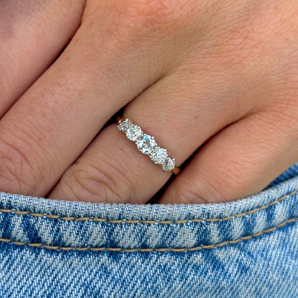 Antique, Edwardian five-stone diamond ring back
 