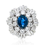 Vintage, 1950s oval blue sapphire and diamond ballerina cluster ring, 18ct white gold