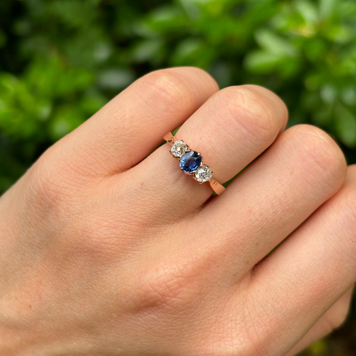 Vintage, sapphire & diamond three-stone ring, 18ct rose gold