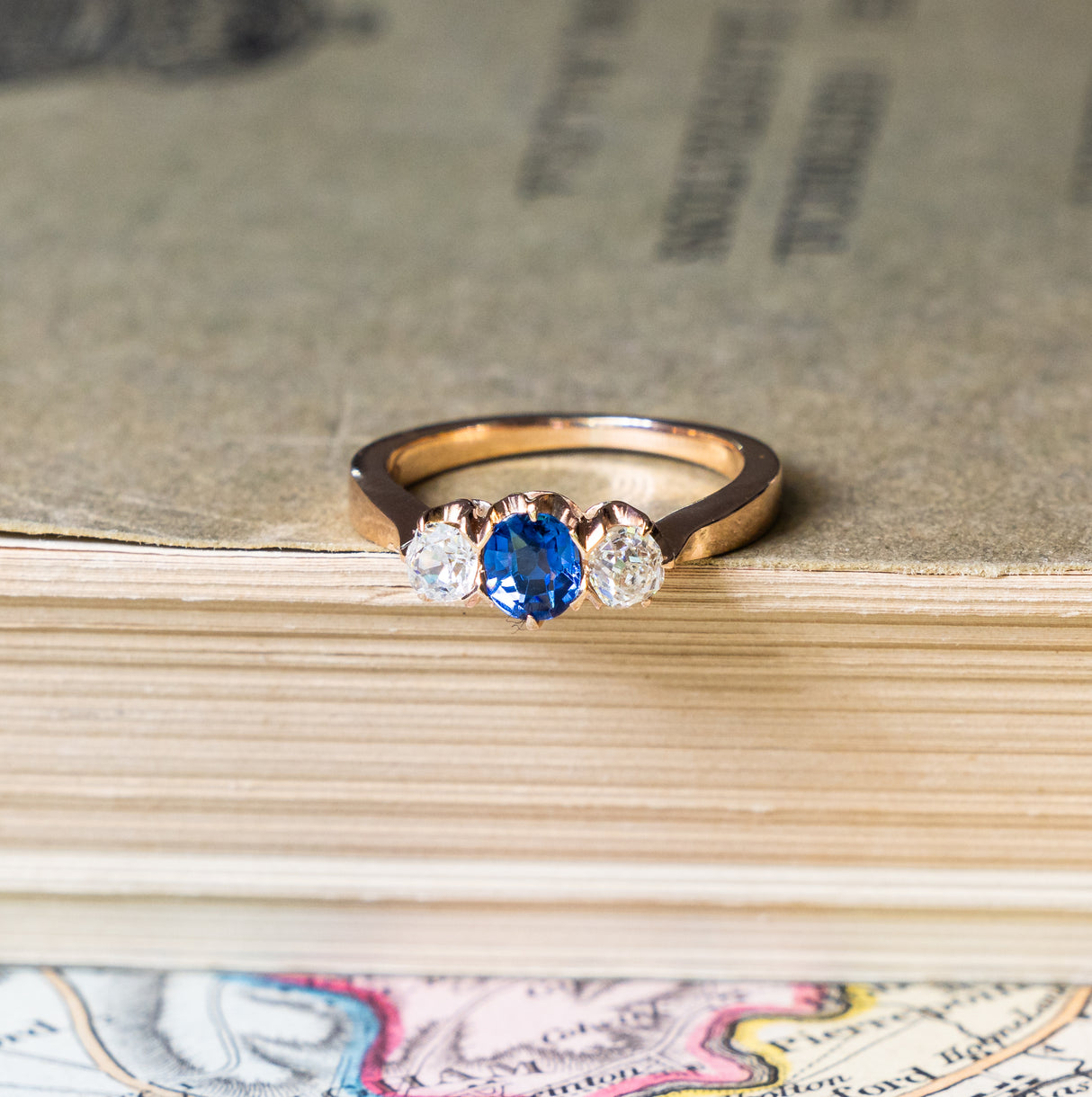 Vintage, sapphire & old-cut diamond three-stone ring front