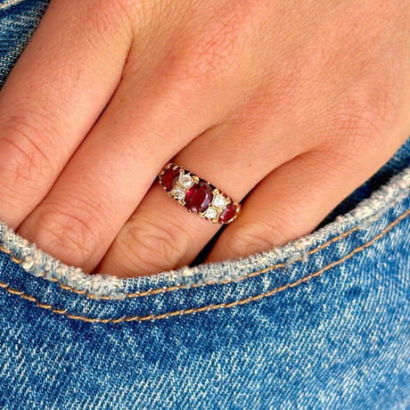 1952-Antique, Victorian garnet & diamond three-stone ring- worn on hand.