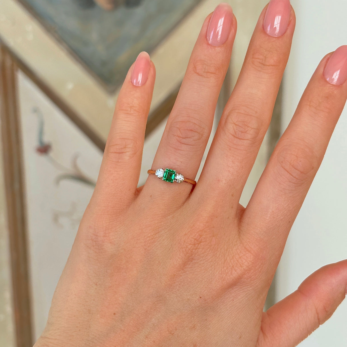 Antique, Edwardian emerald & diamond three-stone ring