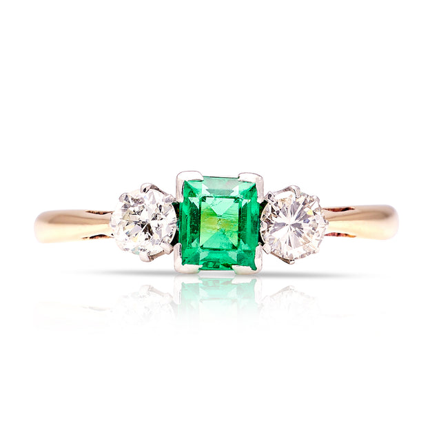 1979-Antique, Edwardian emerald & diamond three-stone ring front