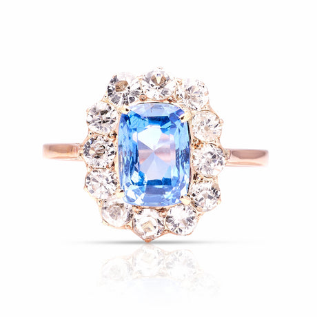 Antique, Edwardian blue & white sapphire cluster ring front