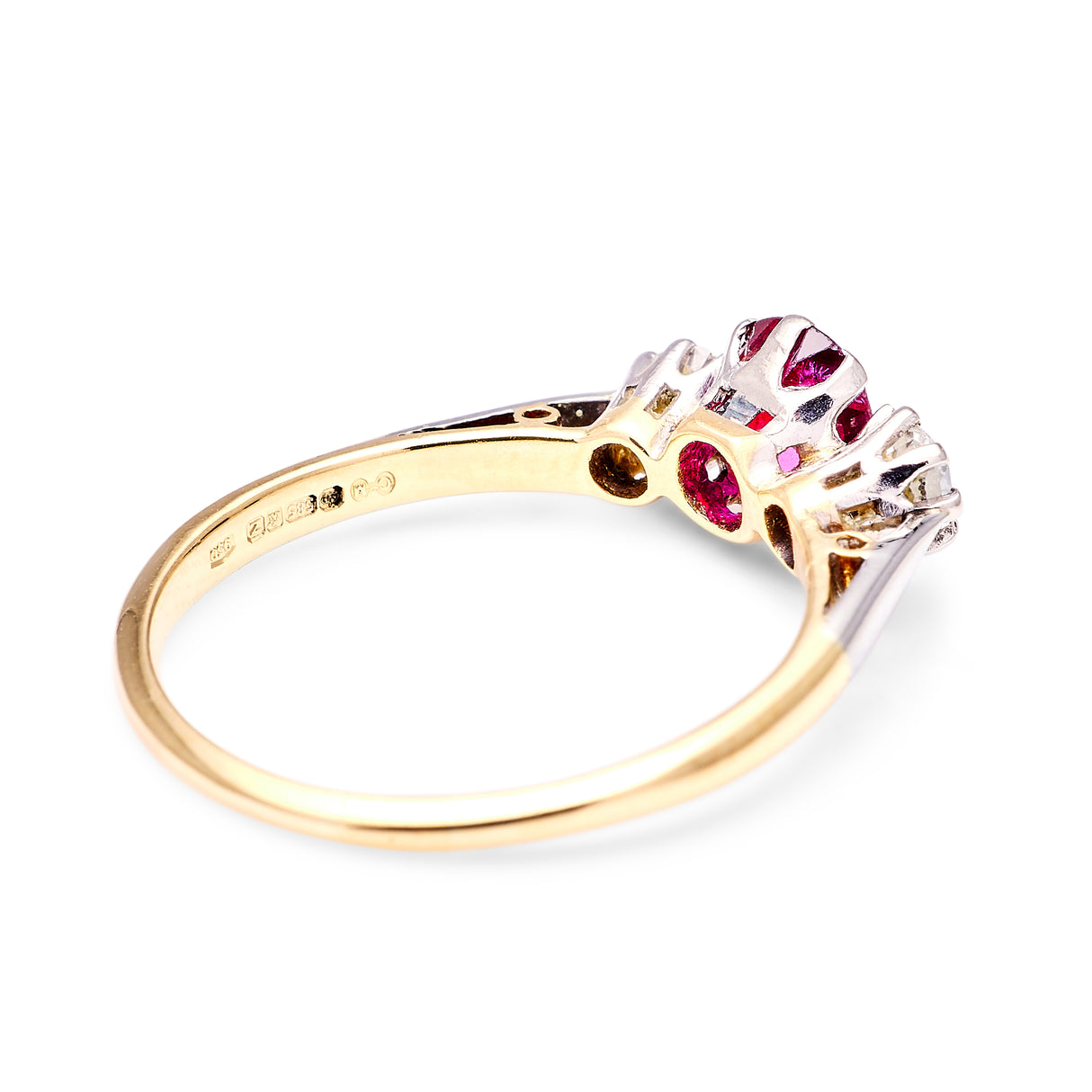 Antique, Edwardian ruby & diamond three-stone ring back