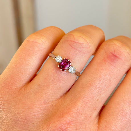 Antique, Edwardian ruby & diamond three-stone ring