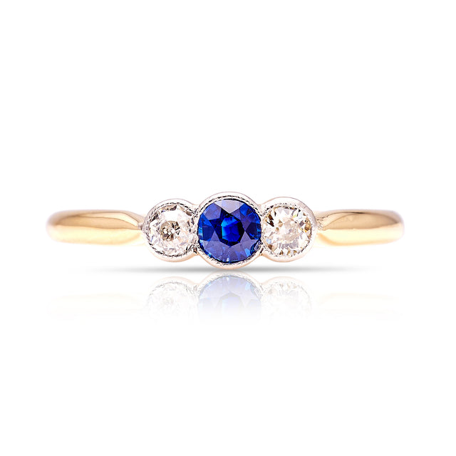 Vintage, Art Deco three-stone sapphire & diamond ring front