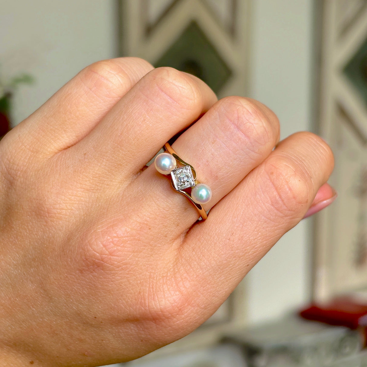 1993-Antique, Edwardian pearl & diamond three-stone ring worn on hand