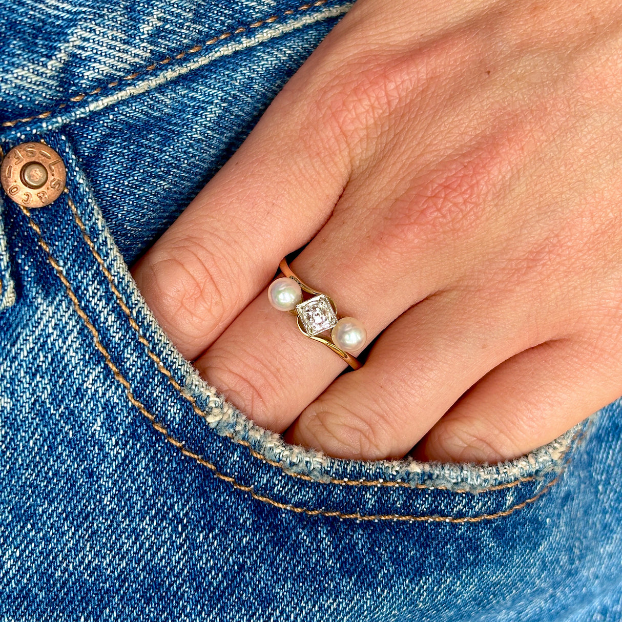 Antique, Edwardian pearl & diamond three-stone ring