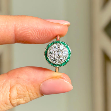 Vintage, Art Deco emerald & diamond target cluster ring