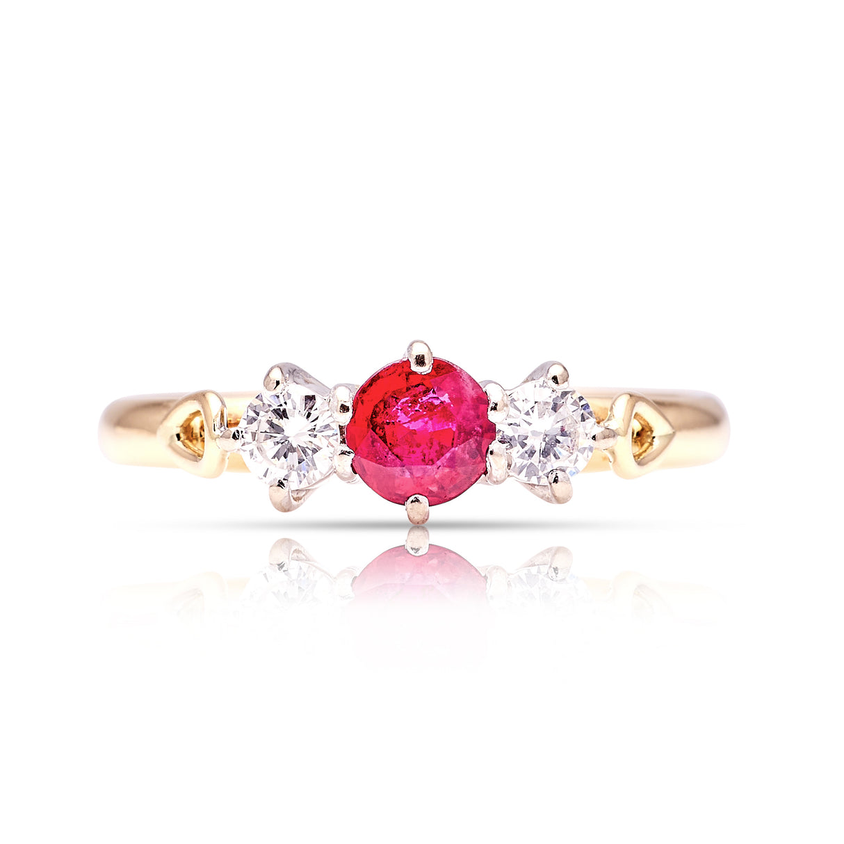 2029-Vintage, 1980s ruby & diamond three-stone ring, 18ct yellow gold front