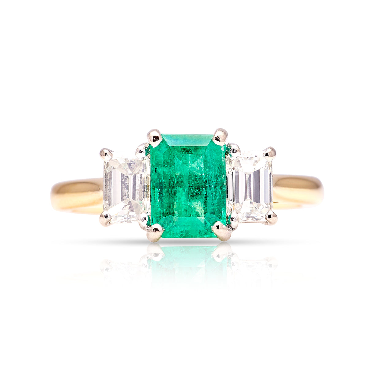 Emerald & diamond three-stone ring front