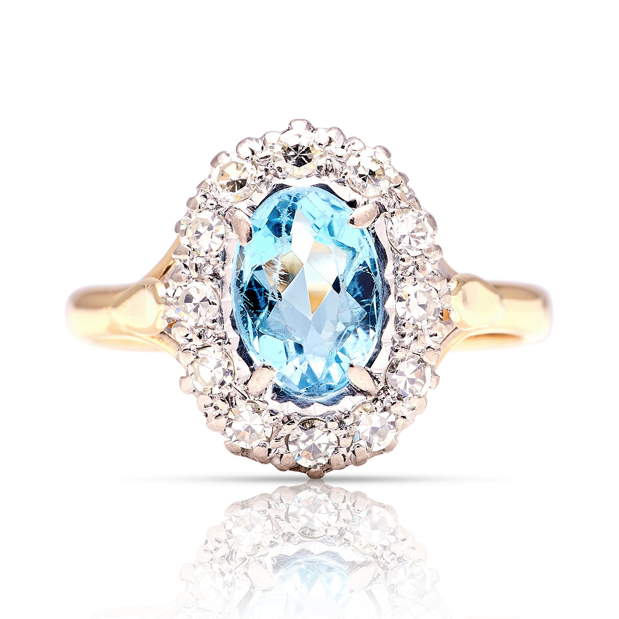 Antique, Edwardian blue topaz & diamond cluster ring front