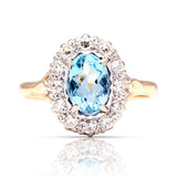 Antique, Edwardian blue topaz & diamond cluster ring front