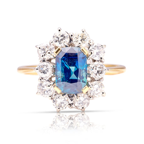 2057+2154-Vintage, 1980s teal sapphire & diamond cluster ring front