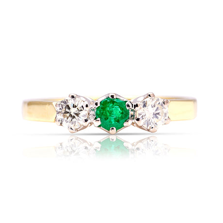 2082-Vintage, 1980s emerald & diamond three-stone ring front