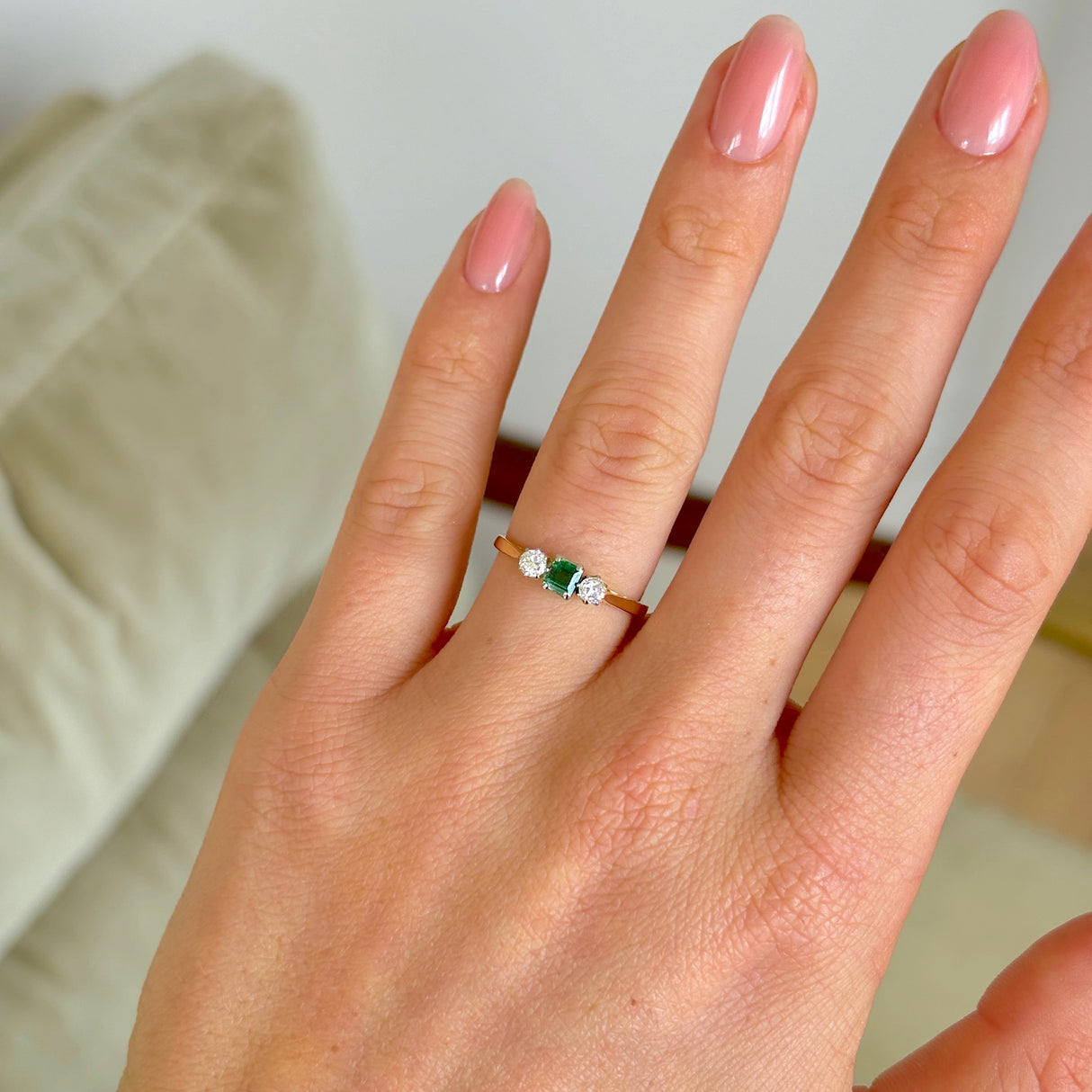 Antique, Edwardian emerald & diamond three-stone ring