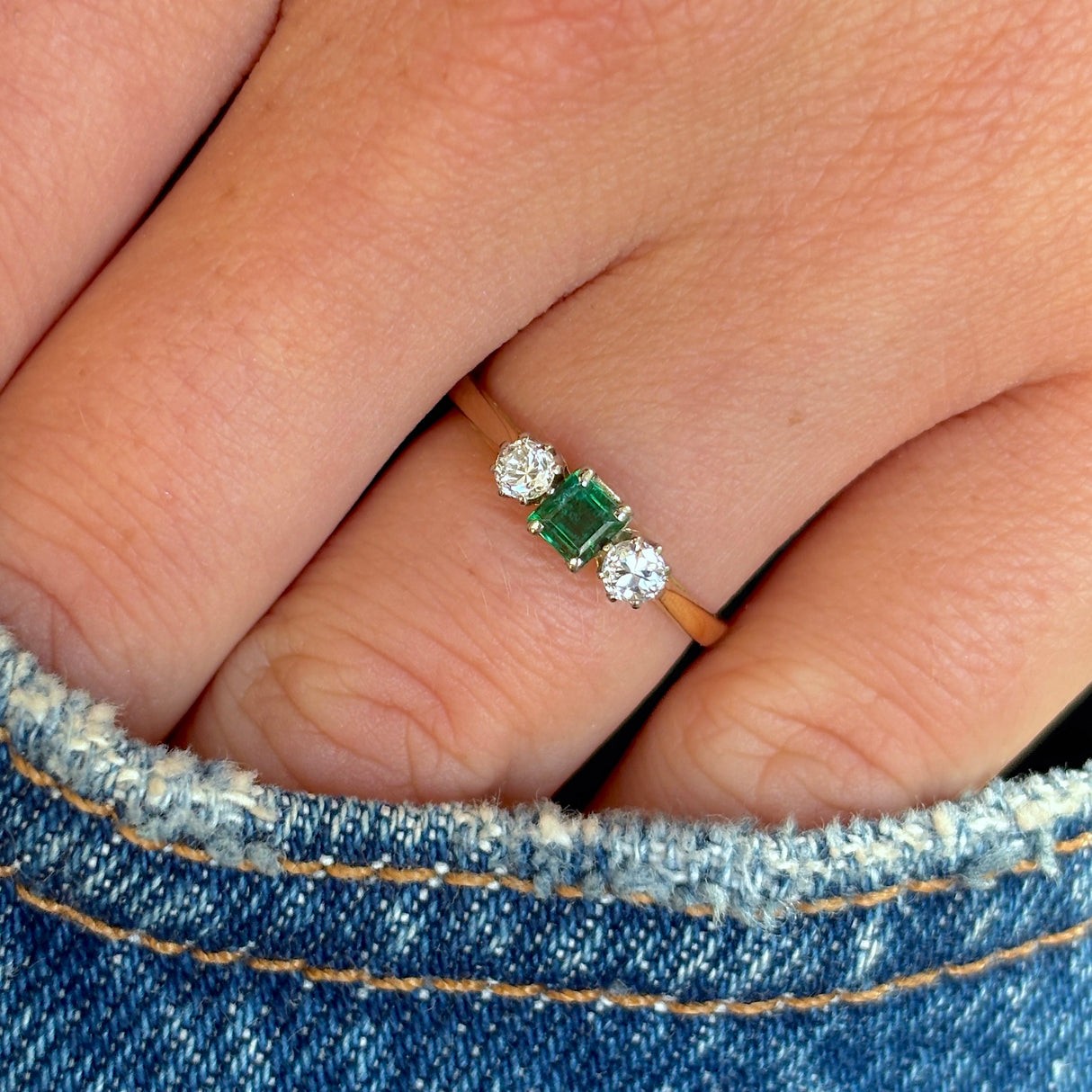 Antique, Edwardian emerald & diamond three-stone ring